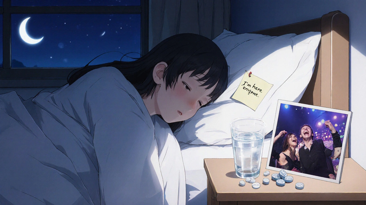 A sleeping person rests beside enzyme pills and a nostalgic photo, with a loving note on the nightstand.