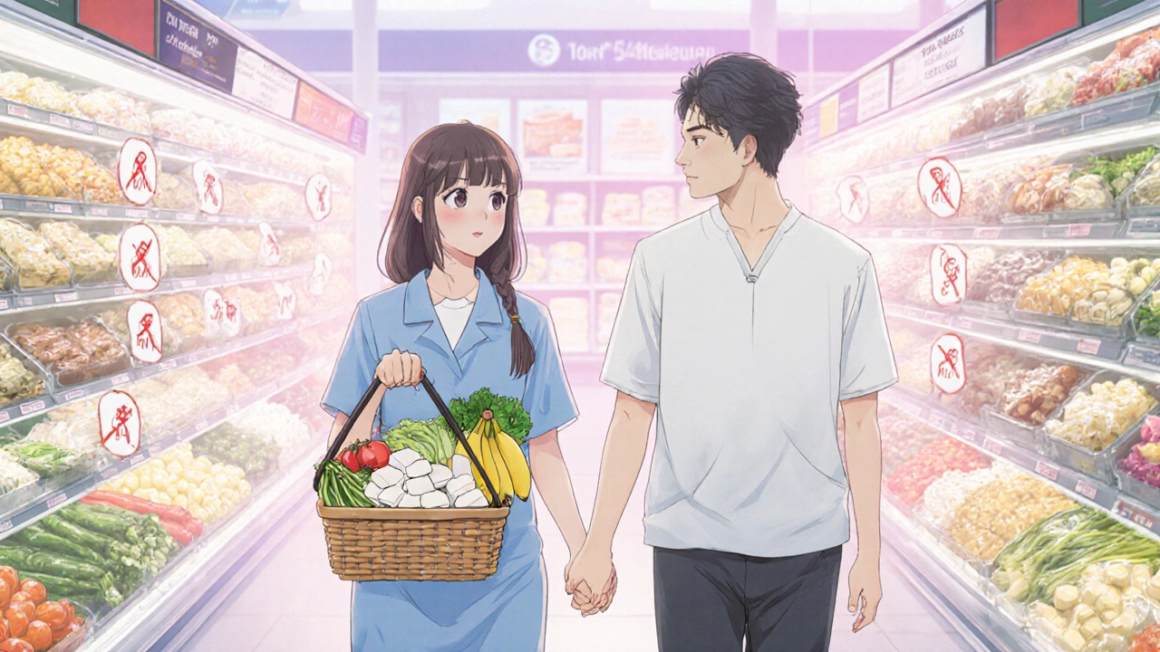 Two people shop together for low-fat, easy-to-digest foods in a softly lit grocery store.