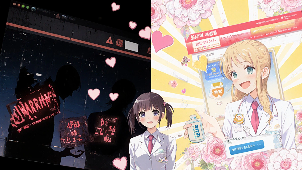 A girl choosing between a dangerous fake pharmacy and a safe, licensed one, illustrated with glowing contrast and floral motifs.