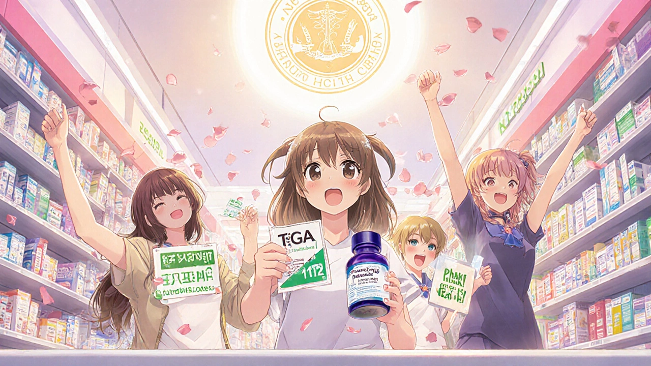 Friends celebrating in a bright pharmacy with a low-priced generic allergy medicine bottle and TGA approval symbols.