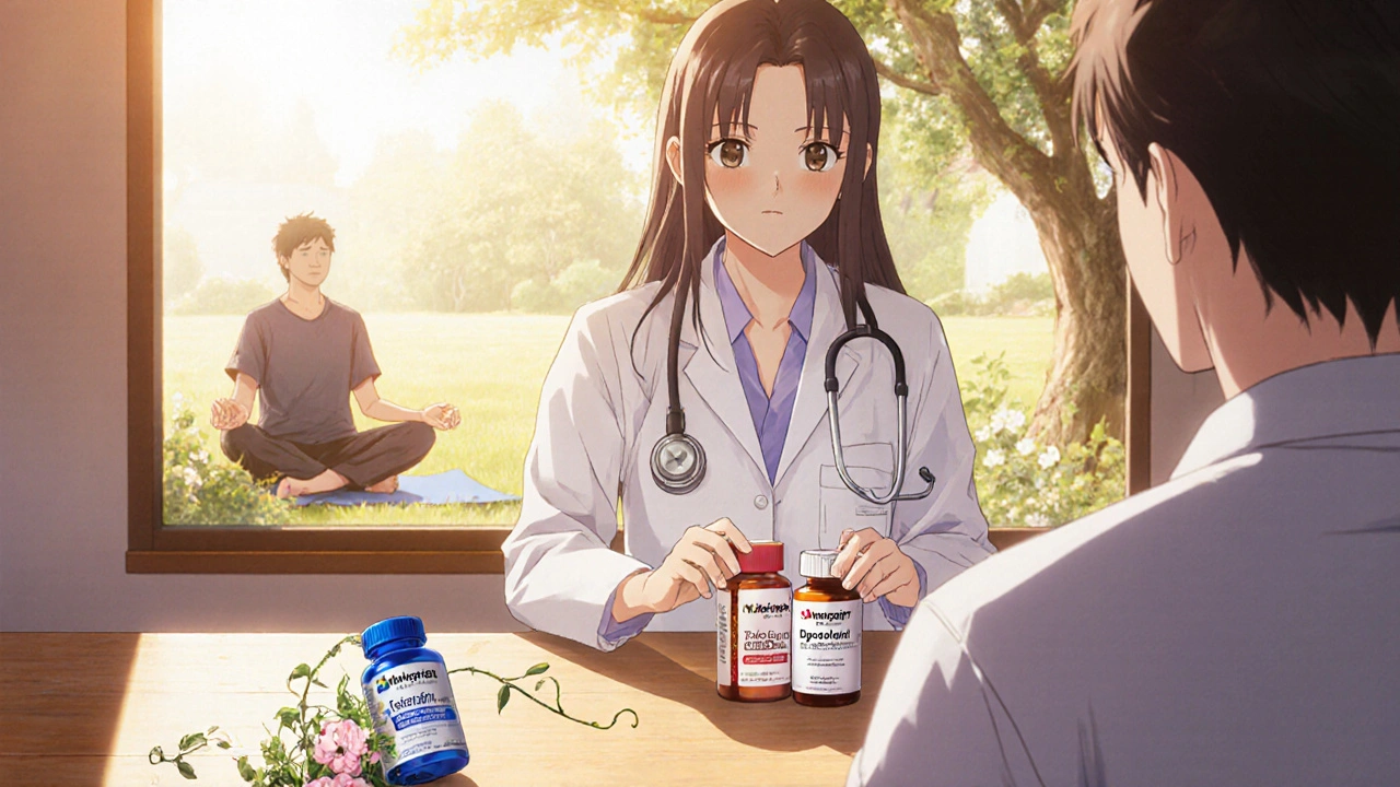 A doctor offers separate medications to a patient, while healthy lifestyle activities unfold in the background through a sunlit window.