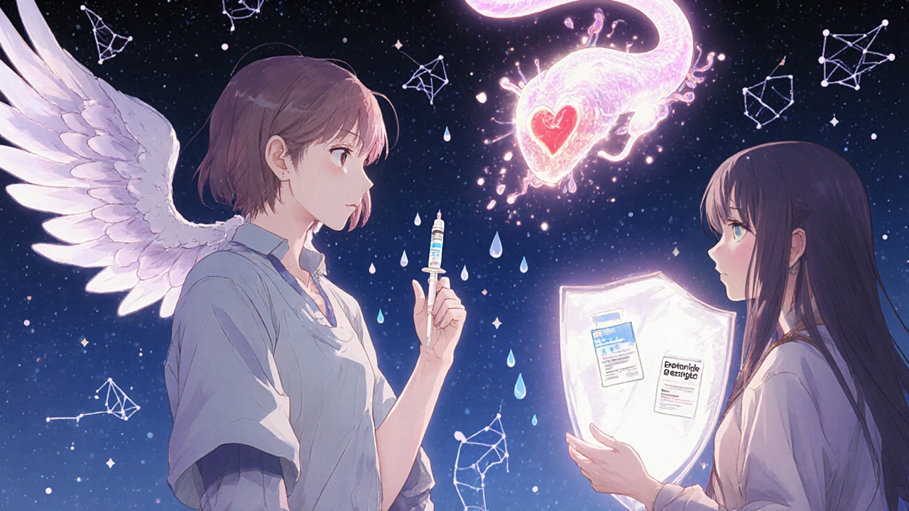 A patient receiving a PCSK9 injection as cholesterol dissolves, with ezetimibe and bempedoic acid forming a protective shield.