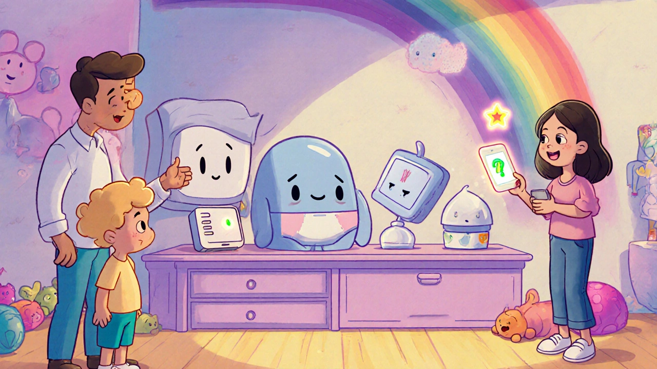 Animated display of four bedwetting alarm types being examined by a child and parent in a bright playroom.