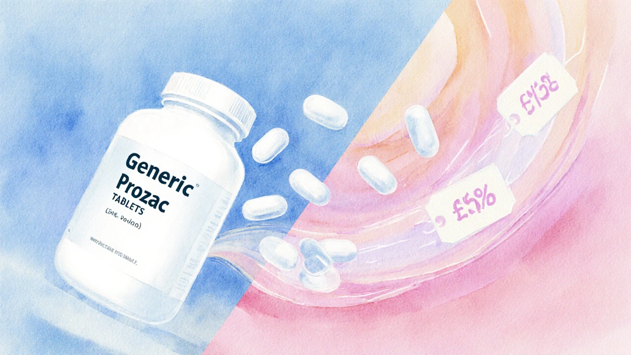 Close‑up of generic Prozac tablets with soft price‑comparison visual indicating low cost.