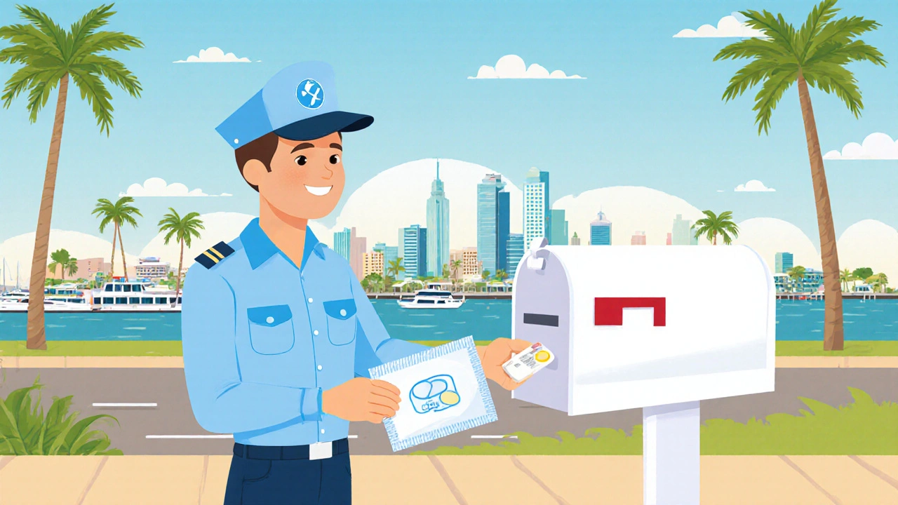 Courier delivers a fluoxetine parcel to an Australian mailbox with Darwin backdrop.