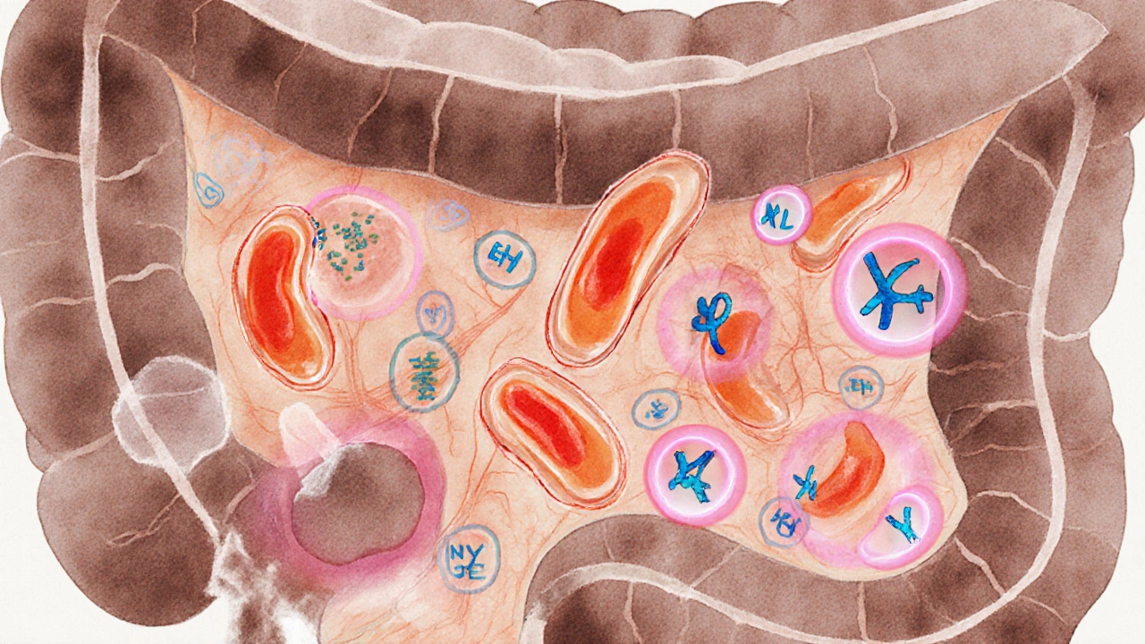 Cross‑section of intestine showing broken gut barrier, salmonella and immune cells.