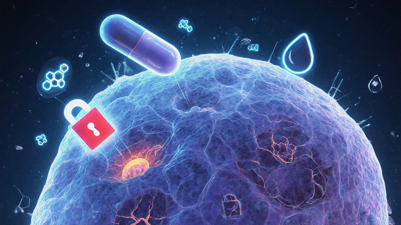 Cross‑section of scalp showing hair follicles with finasteride blocking DHT enzyme and dutasteride blocking two enzymes, plus minoxidil enhancing blood flow.
