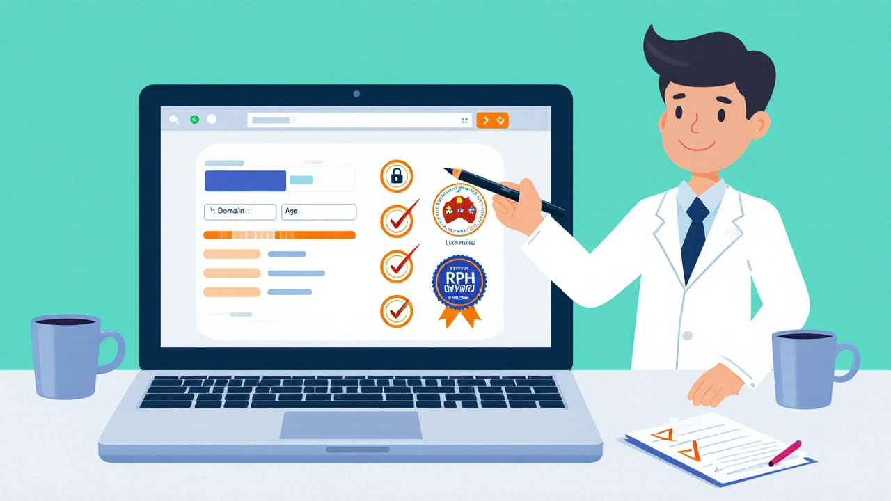 Digital illustration of a laptop showing pharmacy verification icons with a pharmacist reviewing.