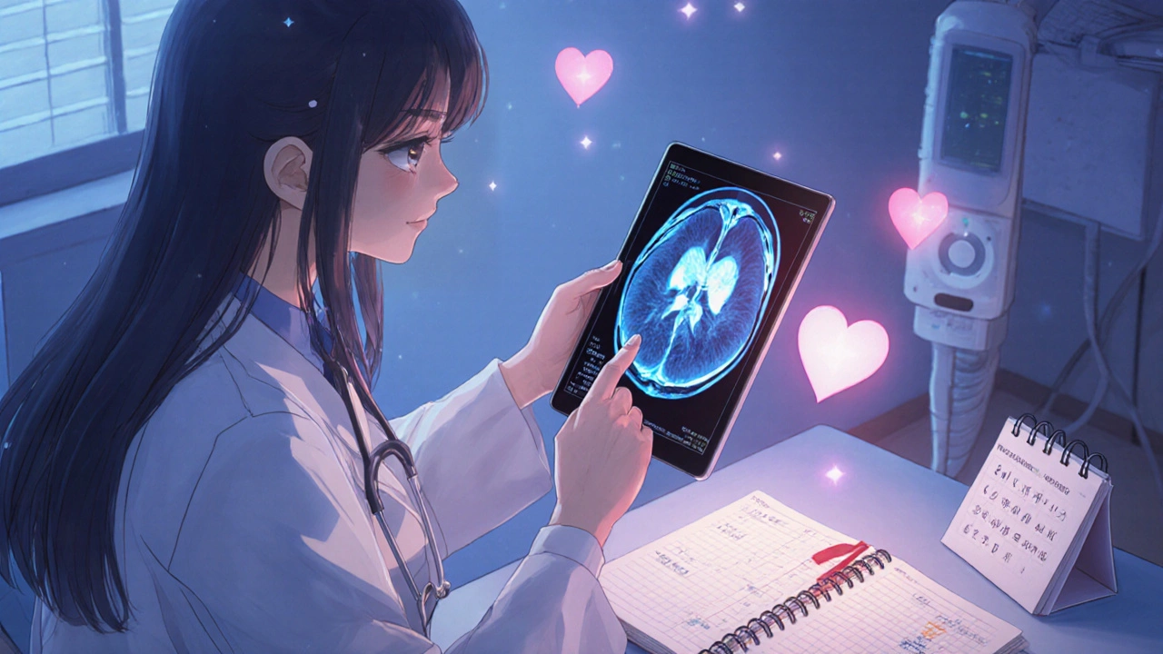 Doctor and patient review a pituitary MRI and heart echo in a calm clinic setting.