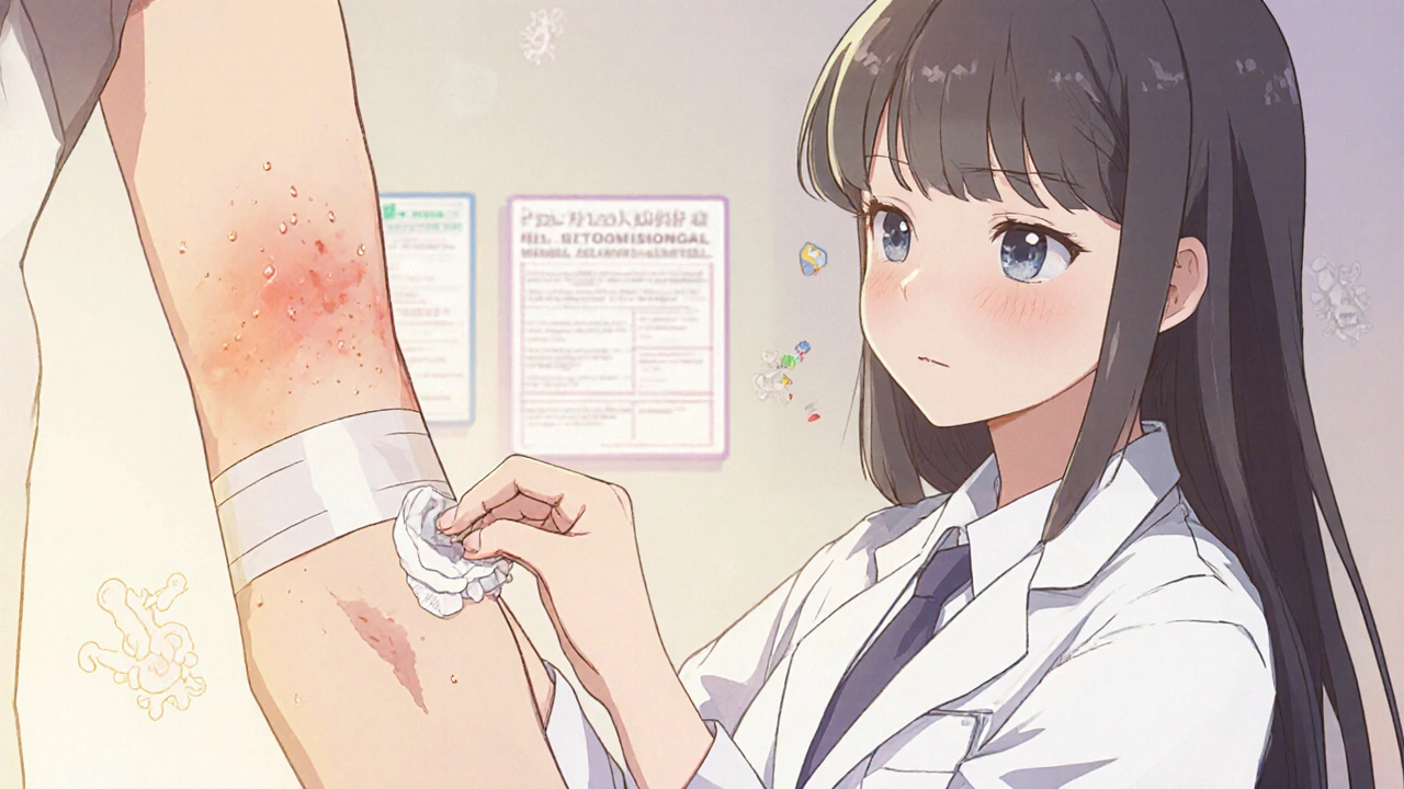 Doctor applying betamethasone to a second‑degree burn on a patient&#039;s elbow in a clinic.