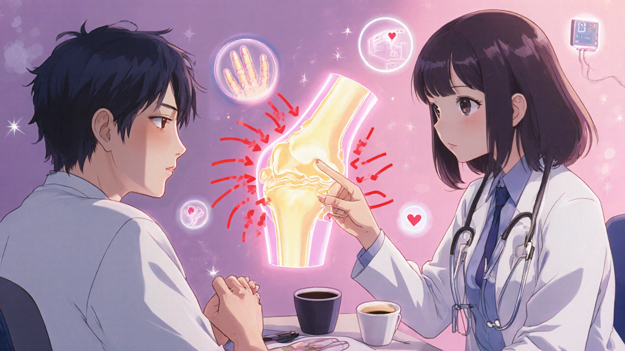 Doctor explaining COX-2 inhibition with glowing joint diagram, patient listening hopefully