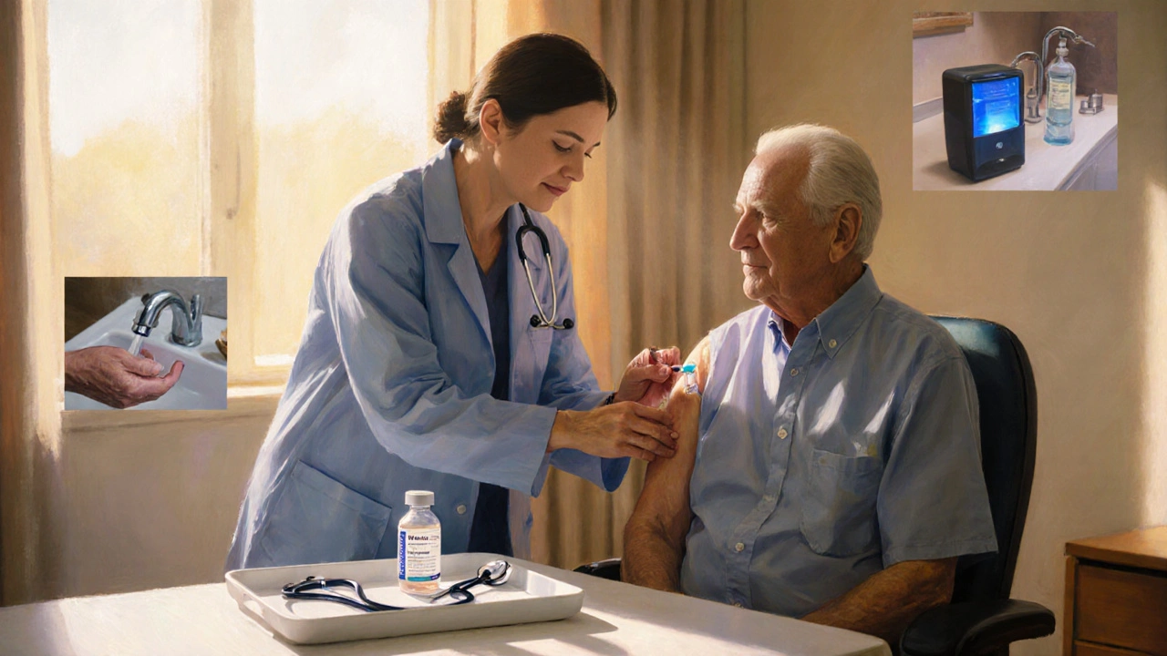 Doctor giving a vaccine to a patient, with hand washing and oxygen equipment nearby.