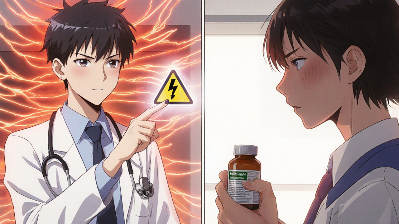 Doctor warns patient about serotonin syndrome with warm aura and floating warning symbol in a clinic.