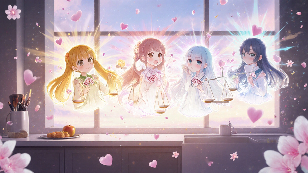 Four medicine characters holding scales with LDL percentages, floating in a celestial kitchen with falling cherry blossoms.