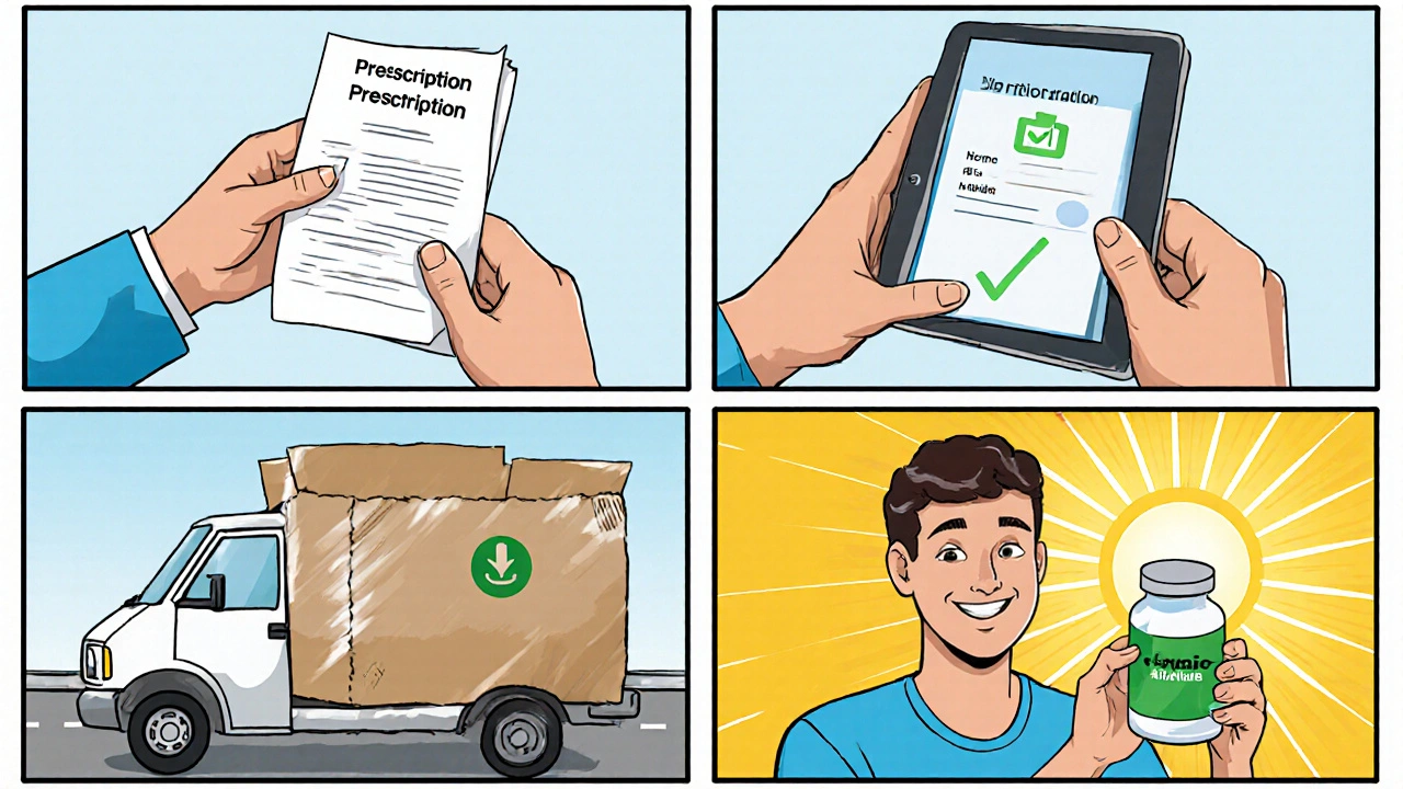 Four‑panel comic showing prescription handoff, online upload, delivery, and happy receipt.