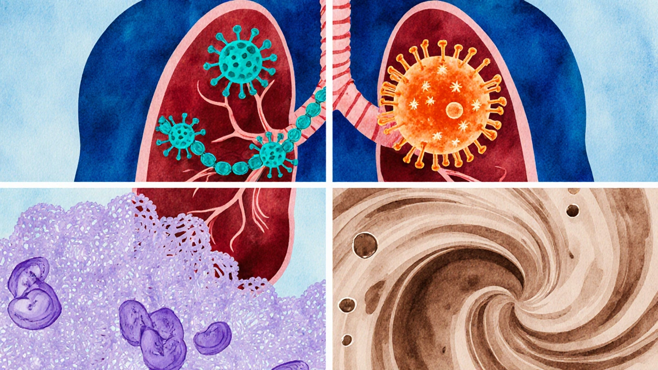 Four‑panel illustration of bacterial, viral, fungal, and aspiration causes in a lung silhouette.