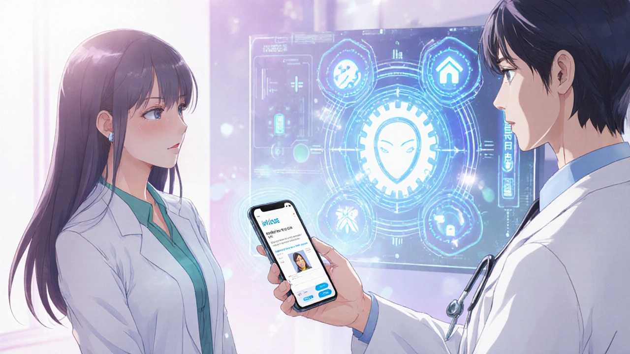 Future clinic scene with holographic iPLEDGE interface and biometric verification.