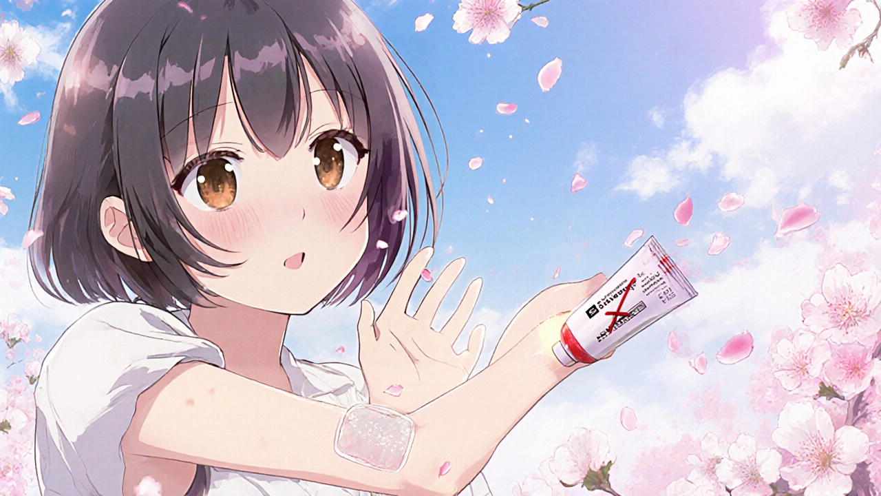 Girl applying silicone gel to a healed scar, with a crossed‑out steroid tube nearby.