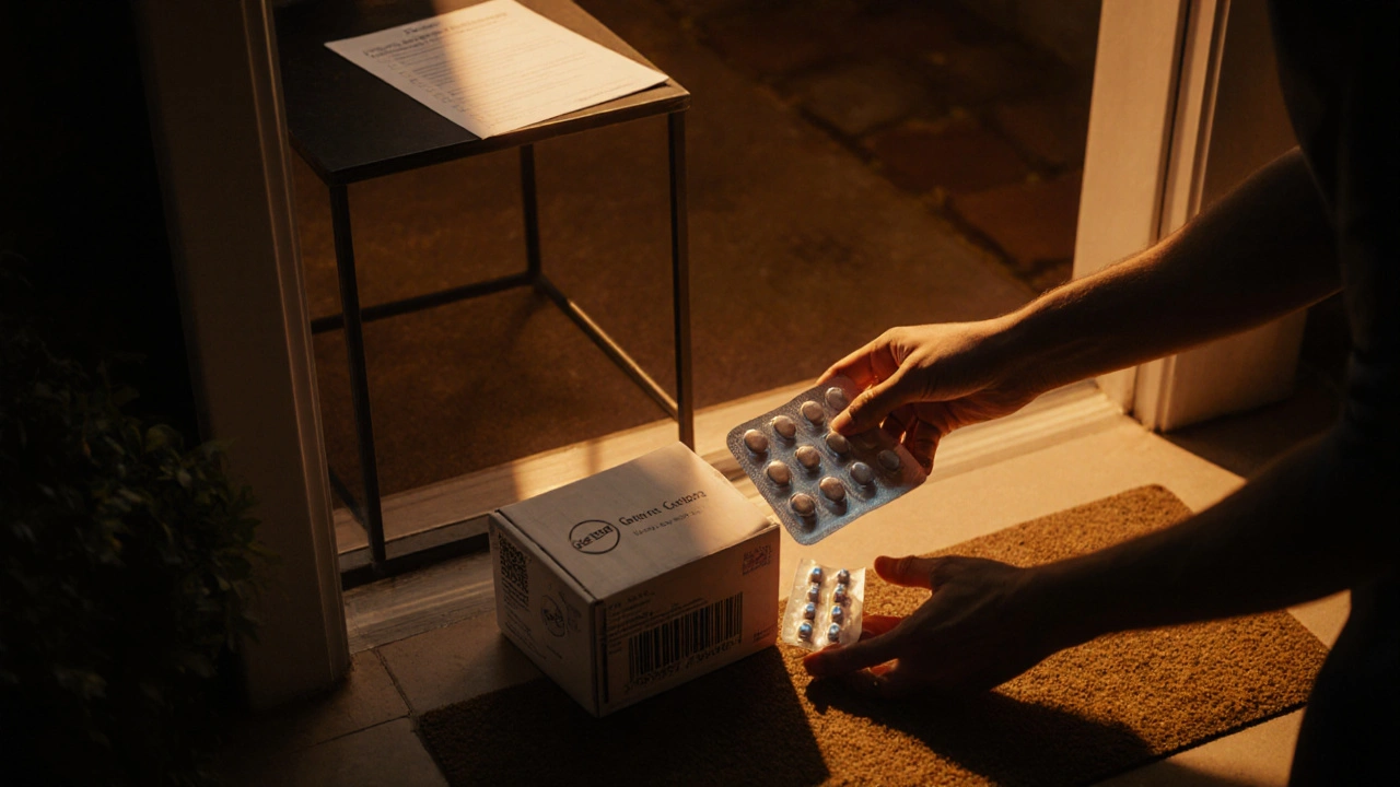 Hand opening a delivery box revealing Celexa blister pack next to prescription and checklist.