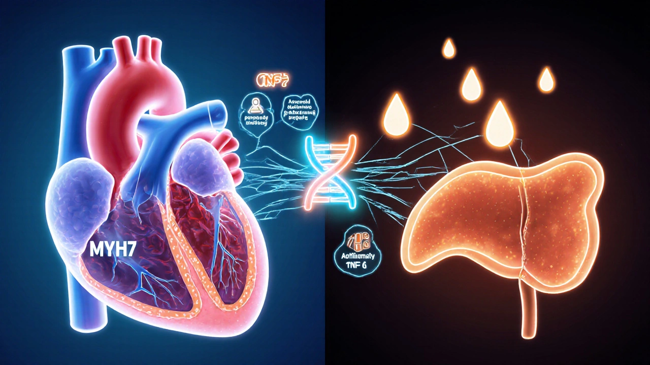 Illustration linking a hypertrophic heart and a pancreas with DNA and inflammation symbols.