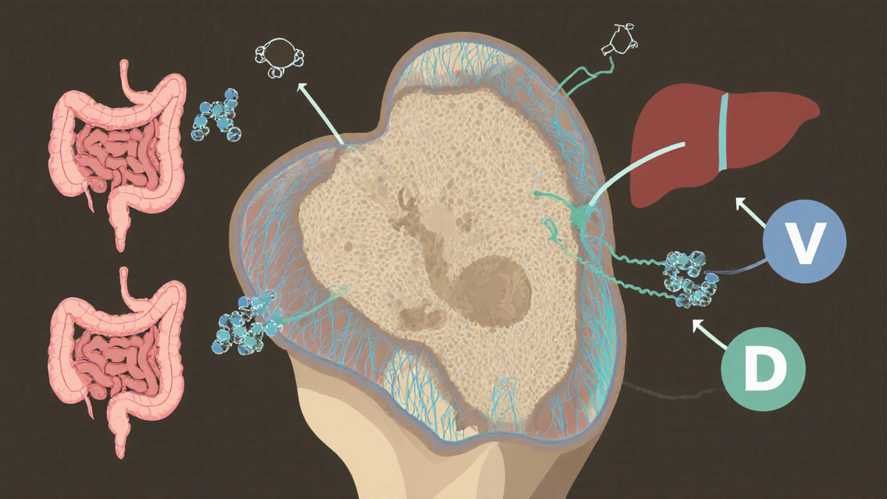 Illustration of bone cells, intestine, liver, and ethanol disrupting calcium and vitamin D.
