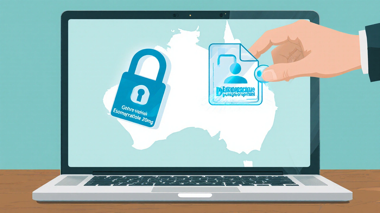 Laptop screen showing secure lock, medicine bottle, and prescription upload graphic.