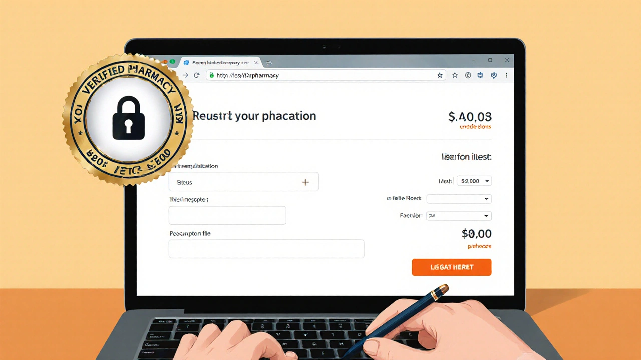 Laptop screen showing secure pharmacy checkout page with lock icon and prescription upload field.