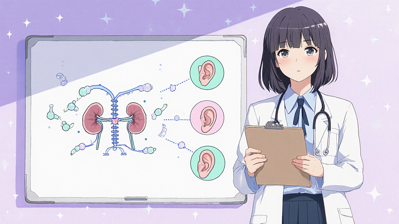 Medical student reviewing tobramycin&#039;s action on ribosomes and safety icons on a whiteboard.