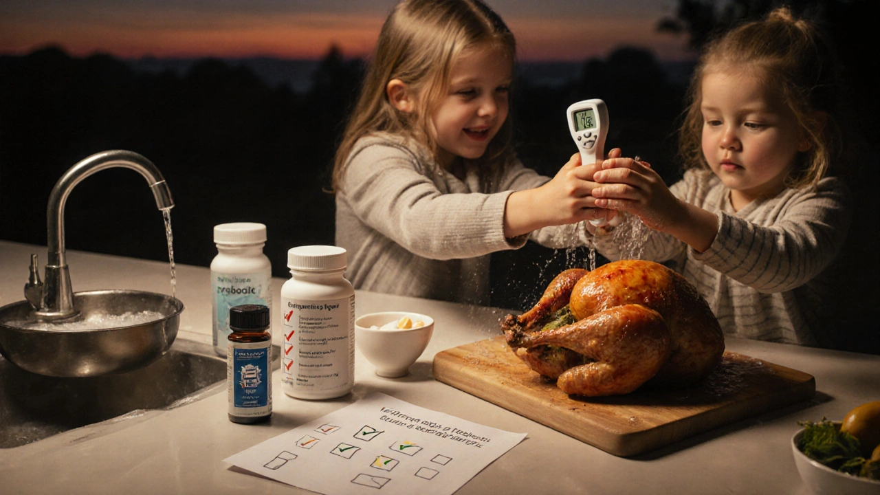Mother and child washing hands, cooked turkey, probiotic bottles, safe kitchen vibe.