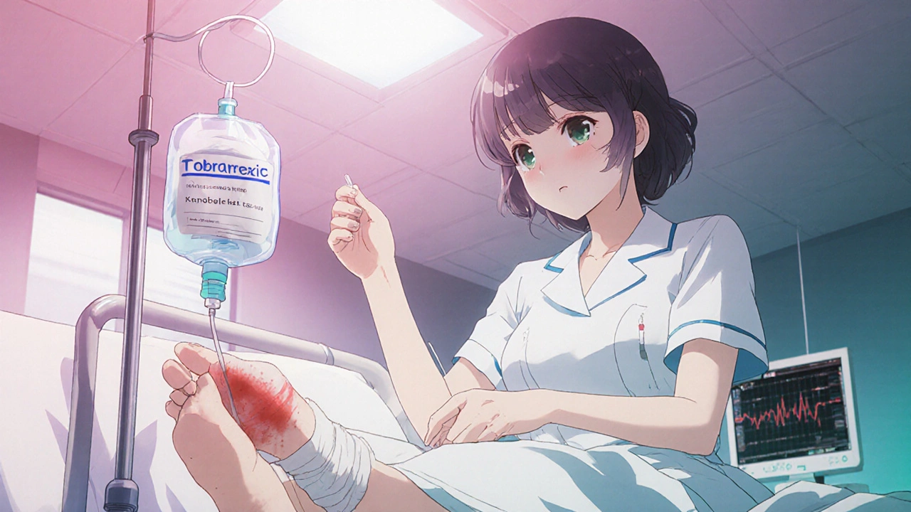 Nurse giving IV tobramycin to a patient with a diabetic foot ulcer in a gentle hospital setting.