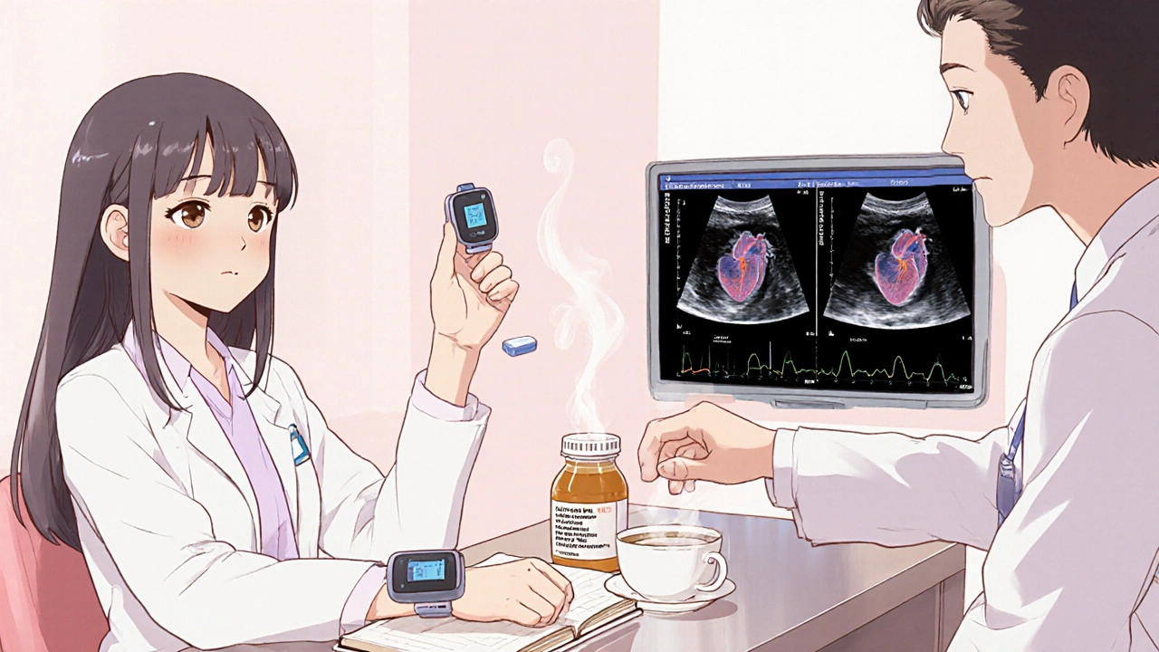 Patient and doctor reviewing an echocardiogram with medication and diary.