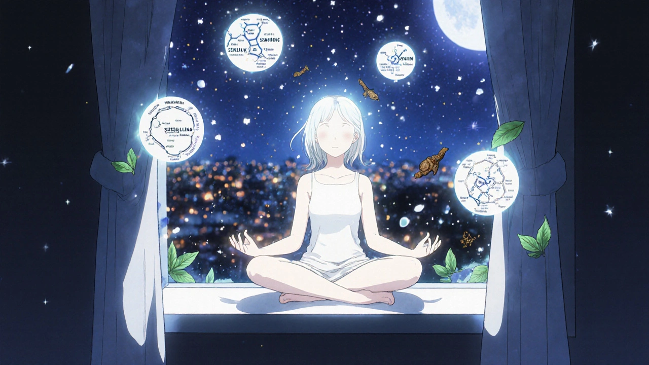 Person meditating at night surrounded by glowing neurotransmitters and herbal elements under moonlight.