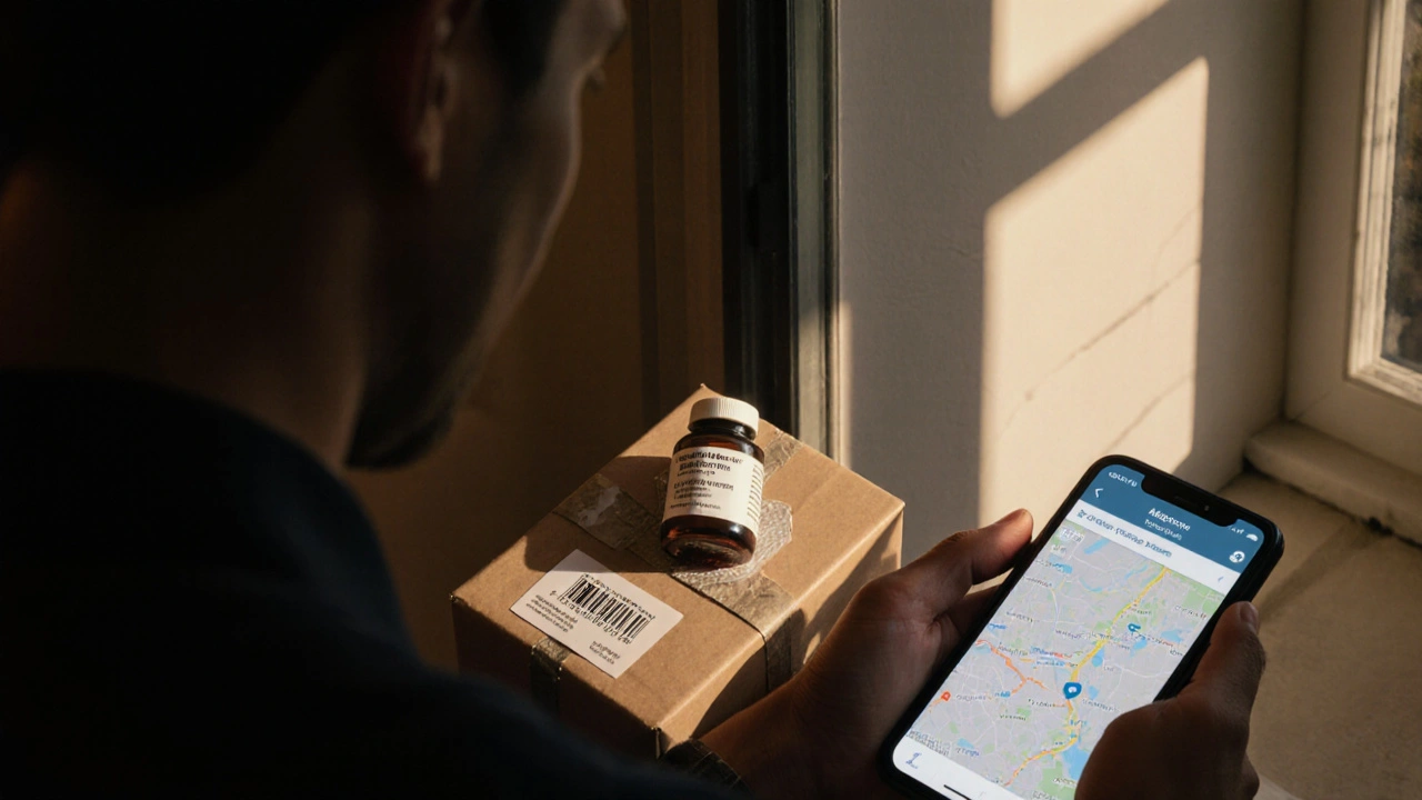 Person opening a discreet parcel at the door, revealing a bottle of generic Viagra tablets.