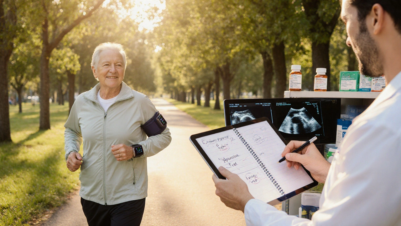 Person walking in a sunny park wearing a glucose monitor, with medical icons nearby.