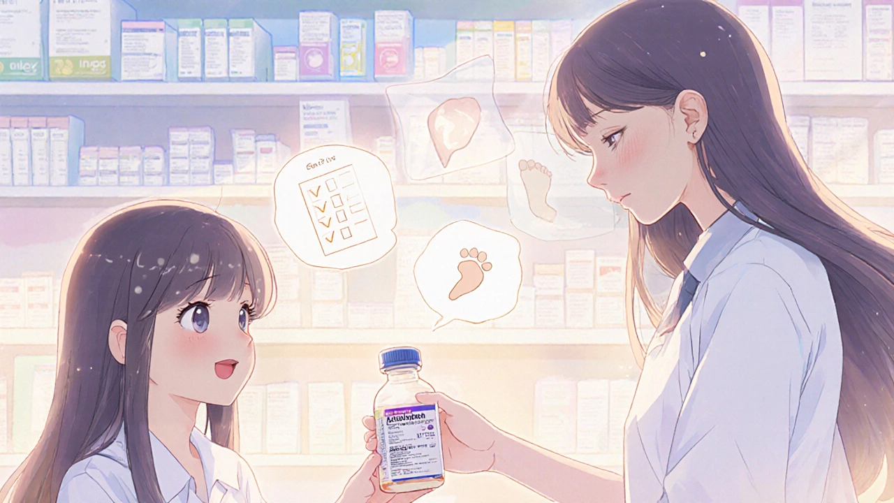 Pharmacist giving acetaminophen bottle to teen girl with dosage checklist.