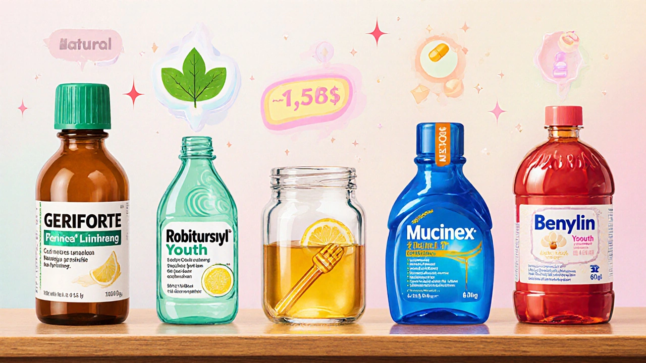 Six different cough remedy bottles arranged on a table with pastel icons indicating their features.