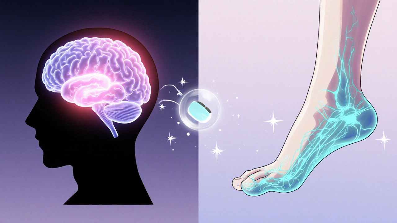 Split illustration of brain pain center and foot nerves connected by a floating tablet.