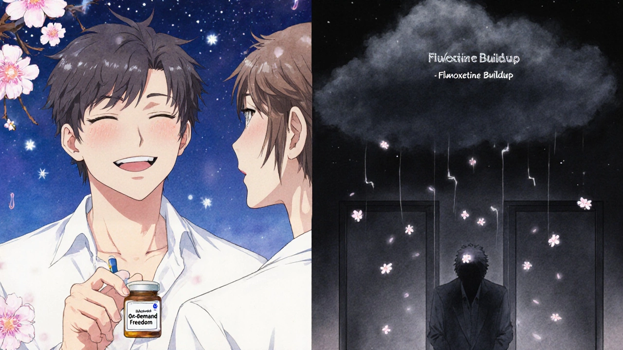 Split scene: a happy couple under stars with separate ED/PE meds vs. a lonely man weighed down by a dark cloud of drug buildup.