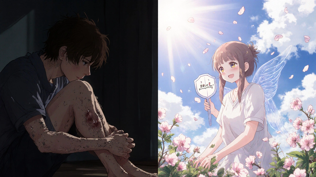 Split scene: person in pain vs. gardening happily, psoriasis petals turning to cherry blossoms