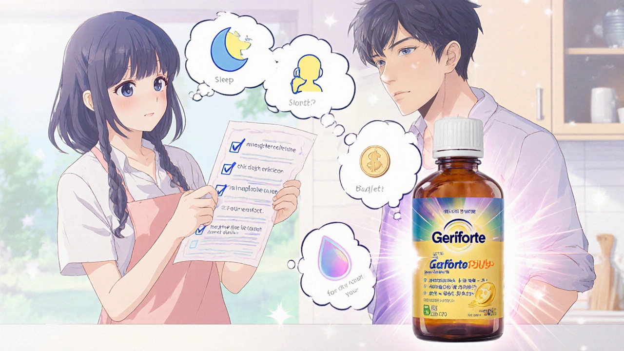 Teen and parent reviewing floating checklists while a glowing amber syrup bottle stands out as the choice.