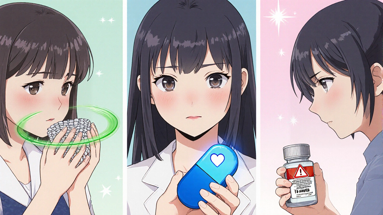 Three characters illustrate bromocriptine, quinagolide, and pergolide with visual cues.