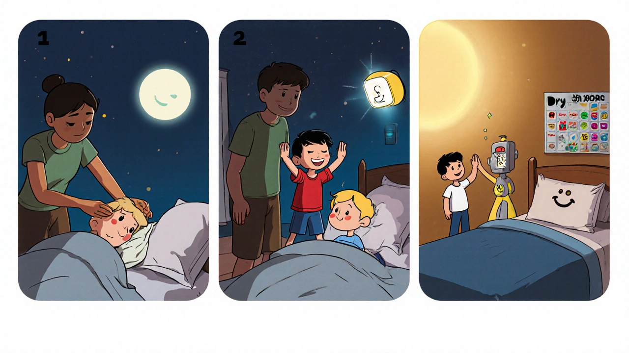 Three‑panel Disney‑style storyboard of setting up an alarm, waking up, and celebrating a dry night.