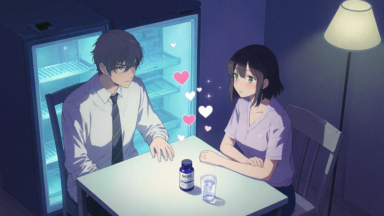 Woman and caregiver share a hopeful moment over SAMe bottle and refrigerator in a cozy kitchen.