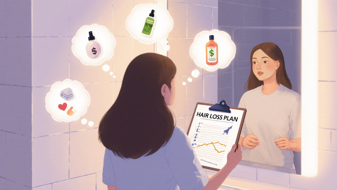 Woman at mirror holding a checklist, with floating icons of hair‑loss treatments and thought bubbles about cost, side effects, and effectiveness.