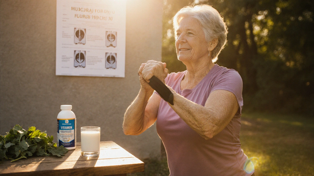 Woman exercising with calcium‑rich foods and vitamin D, suggesting bone health improvement.