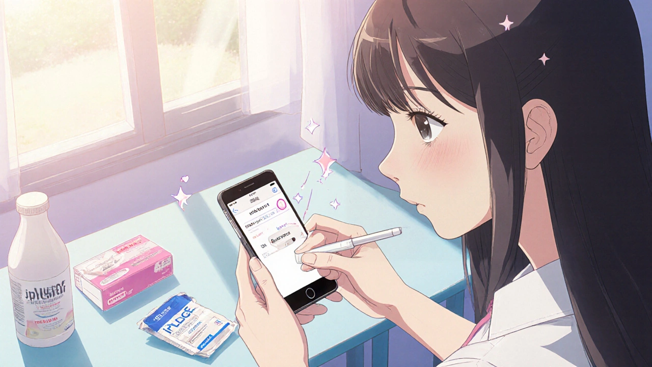 Woman uploading home pregnancy test photo, with birth‑control pills and condoms nearby.