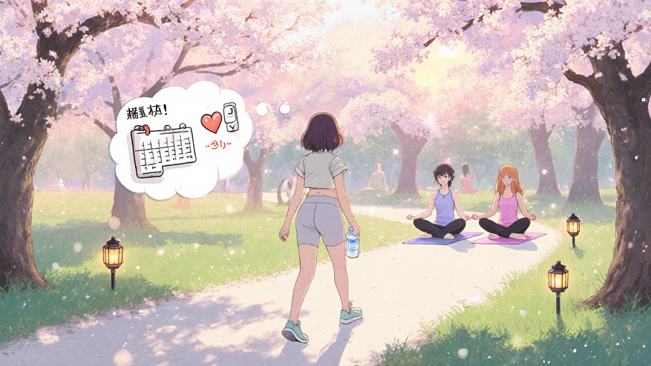 Woman walking in a park, practicing gentle exercise and mindfulness.