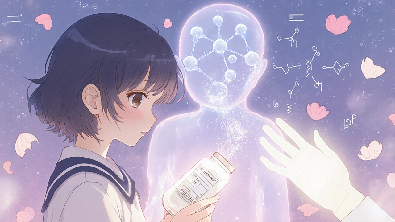 A child holds an expired pill as its molecular form fades gently, protected by a glowing unseen hand.