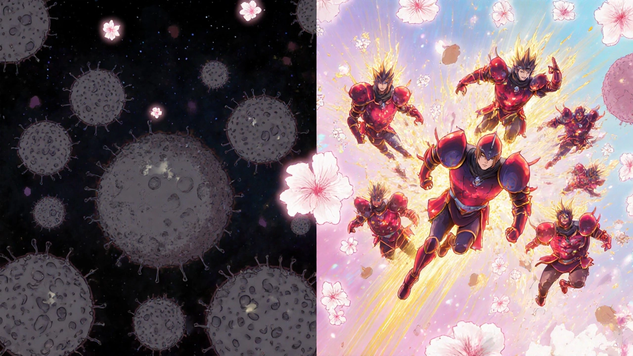 A dark tumor contrasts with vibrant, armored T-cells charging forward under golden energy.