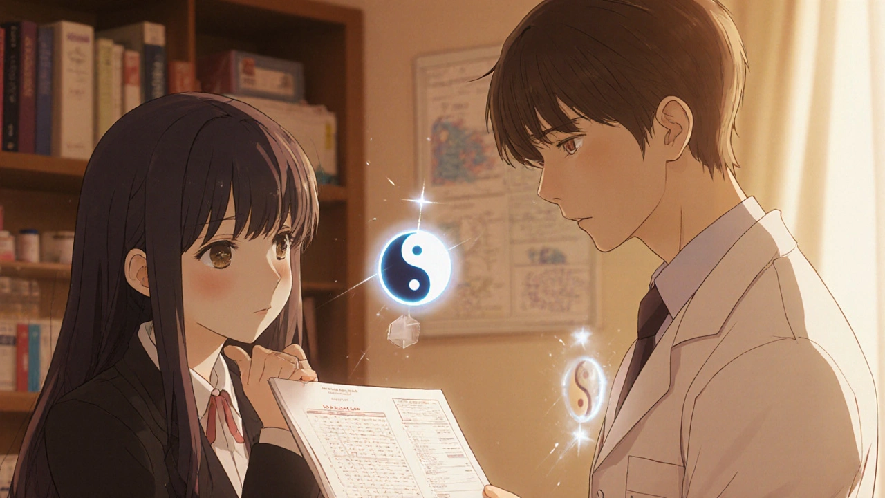 A doctor and pharmacist review a chart with floating symbols of brain chemicals balancing.